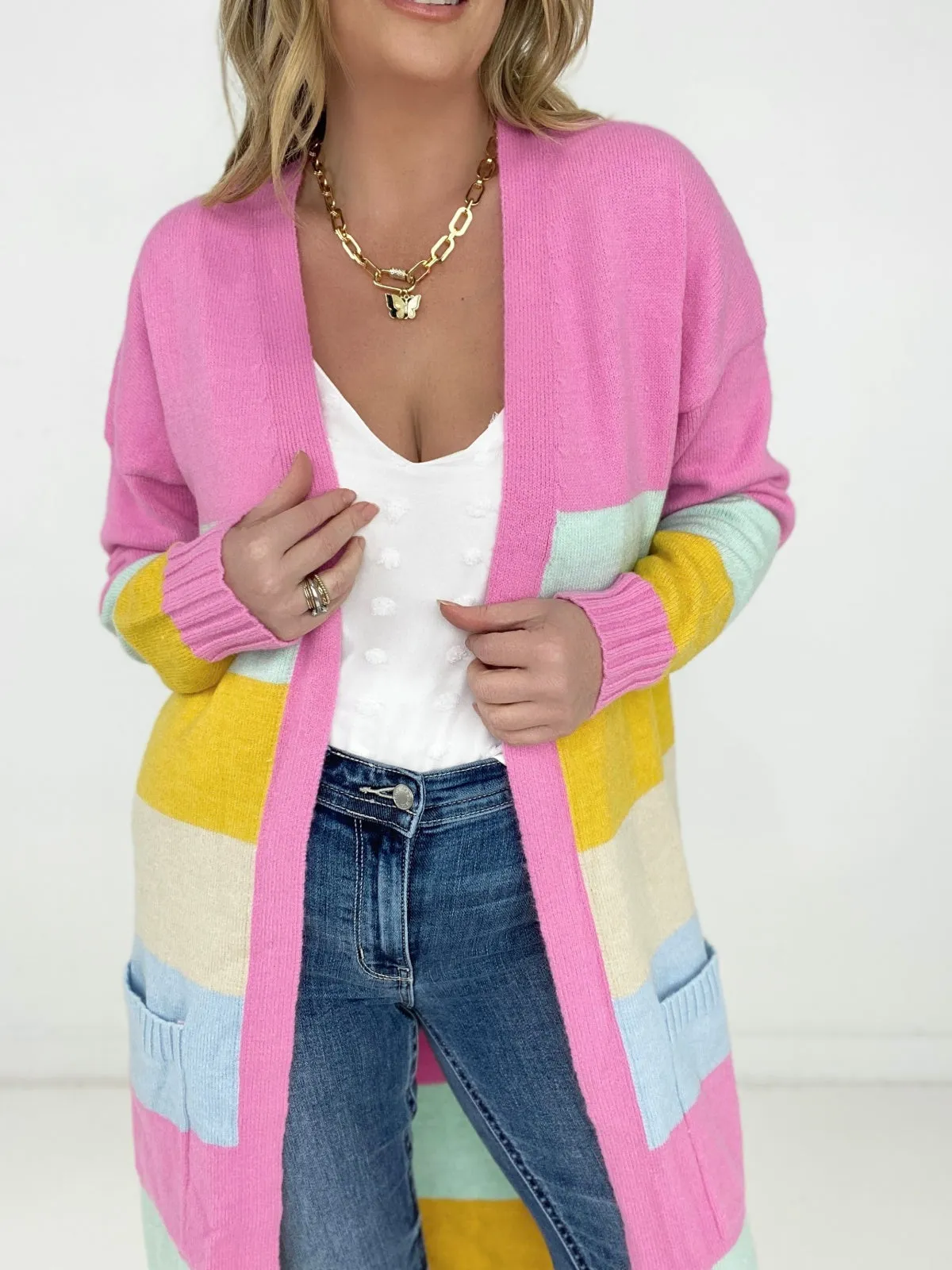New Size - Candy Ribbon Color Block Long Knit Cardigan