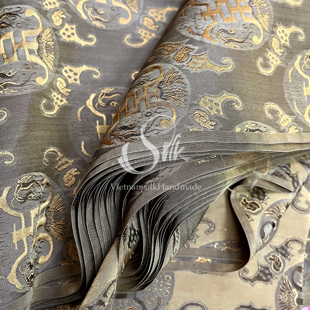 Silk with Bronze patterns - PURE MULBERRY SILK fabric by the yard  -Luxury Silk - Natural silk - Handmade in VietNam- Silk with Design